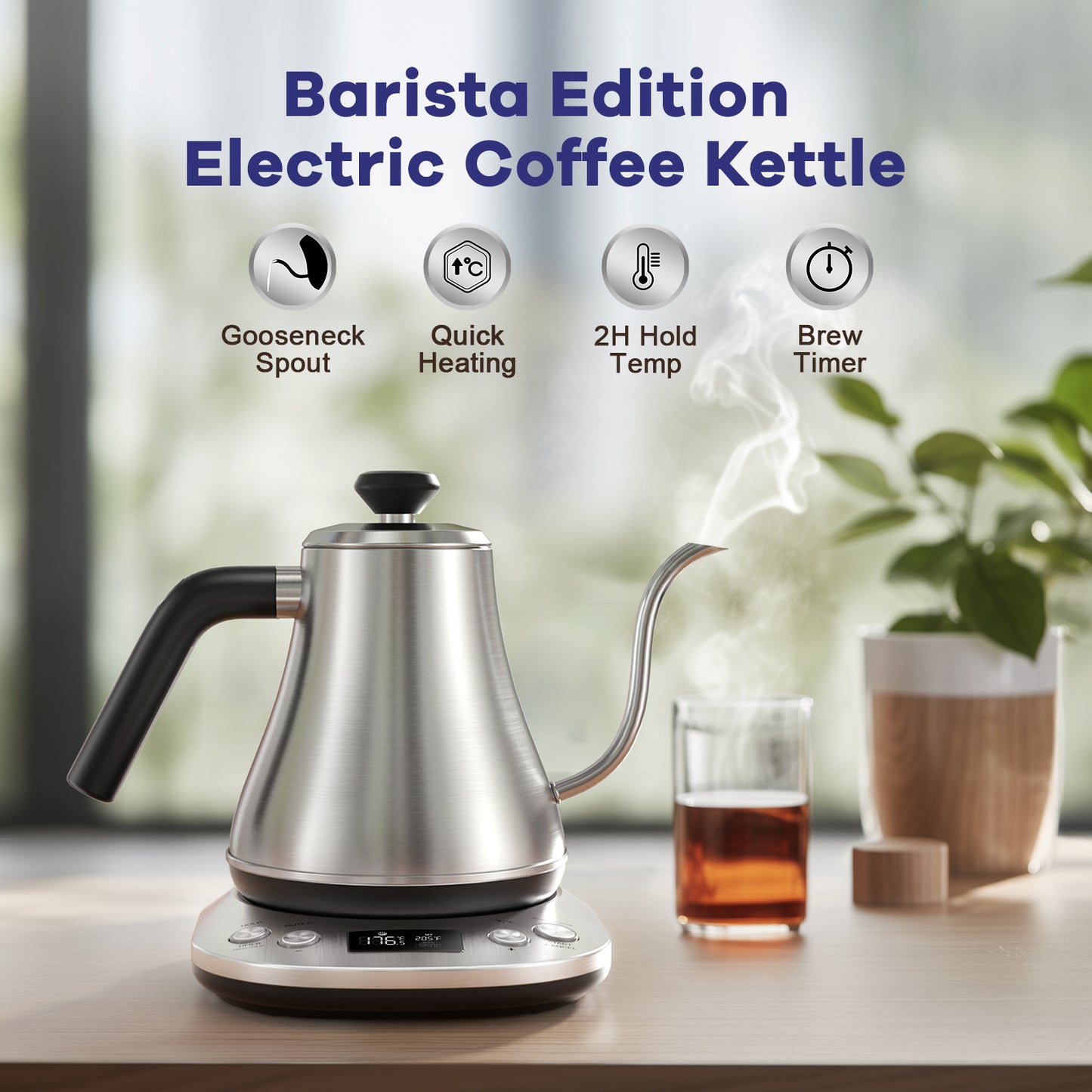 Mecity Electric Gooseneck Kettle: LCD Display, Auto Shut-Off, Temperature Control, Quick Heating Tea Pot - 0.8L, 1200W, Silver