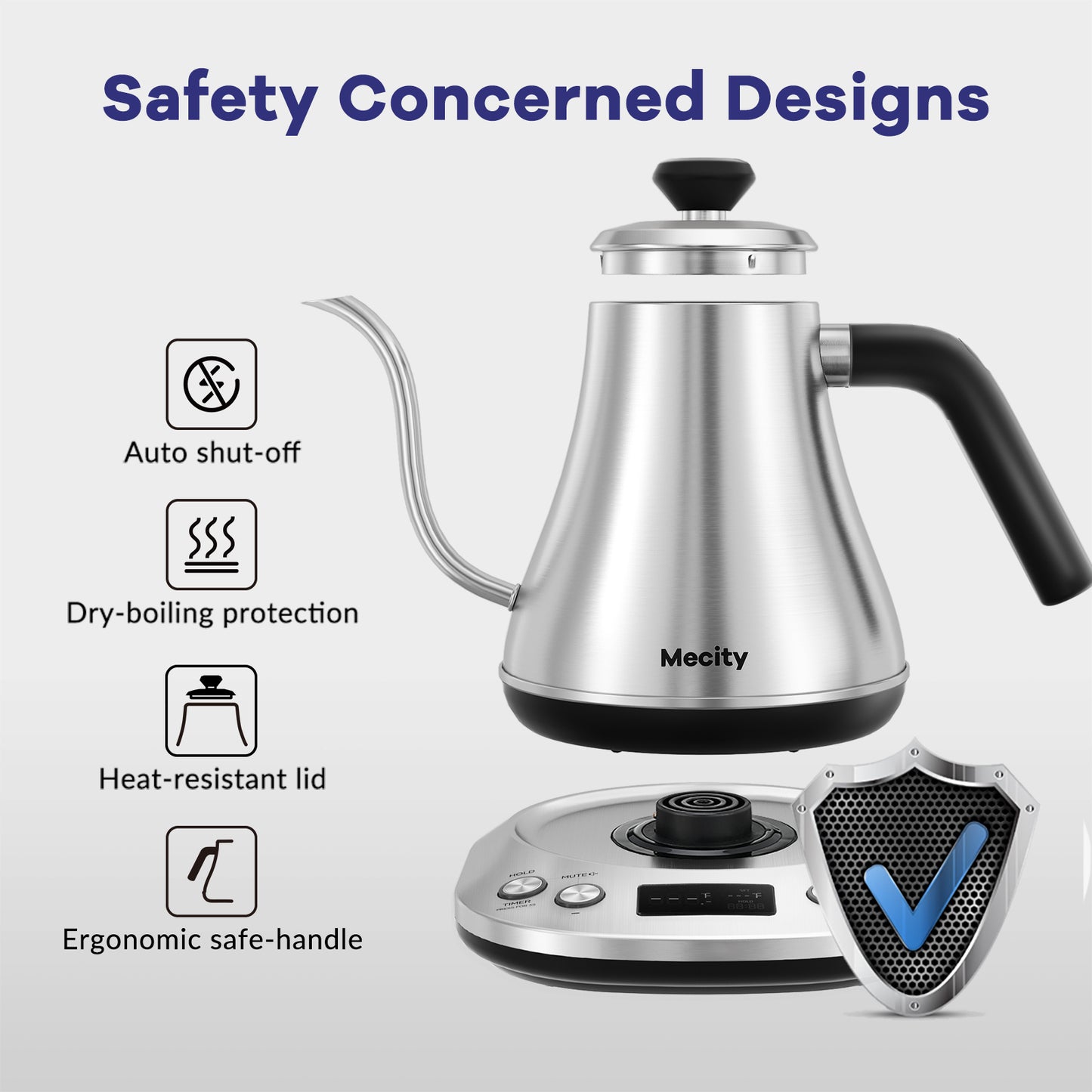 Mecity Electric Gooseneck Kettle: LCD Display, Auto Shut-Off, Temperature Control, Quick Heating Tea Pot - 0.8L, 1200W, Silver