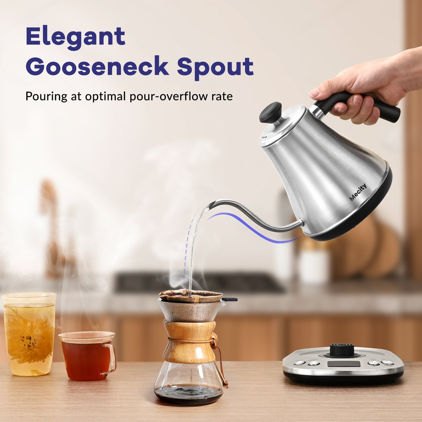 Mecity Electric Gooseneck Kettle: LCD Display, Auto Shut-Off, Temperature Control, Quick Heating Tea Pot - 0.8L, 1200W, Silver