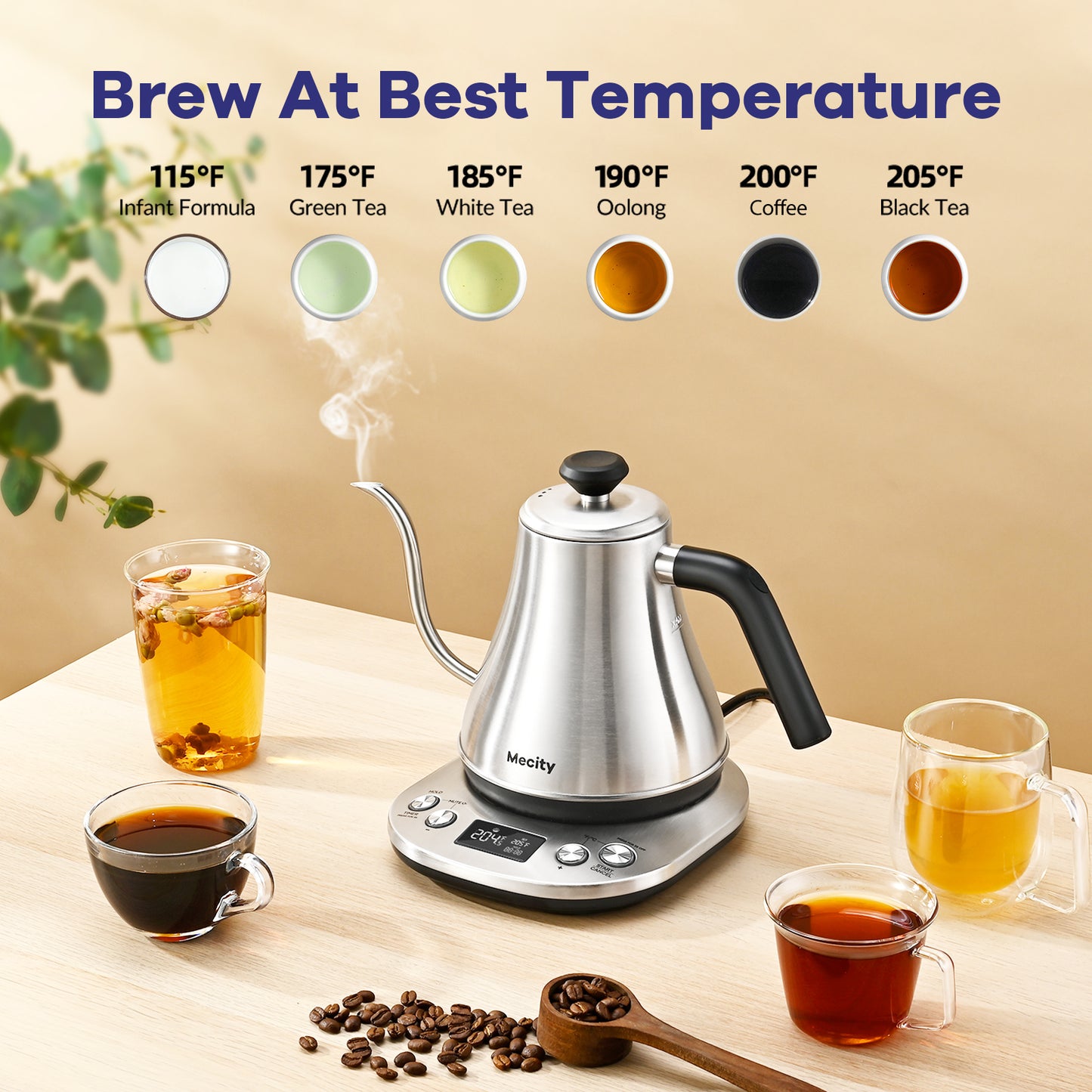 Mecity Electric Gooseneck Kettle: LCD Display, Auto Shut-Off, Temperature Control, Quick Heating Tea Pot - 0.8L, 1200W, Silver