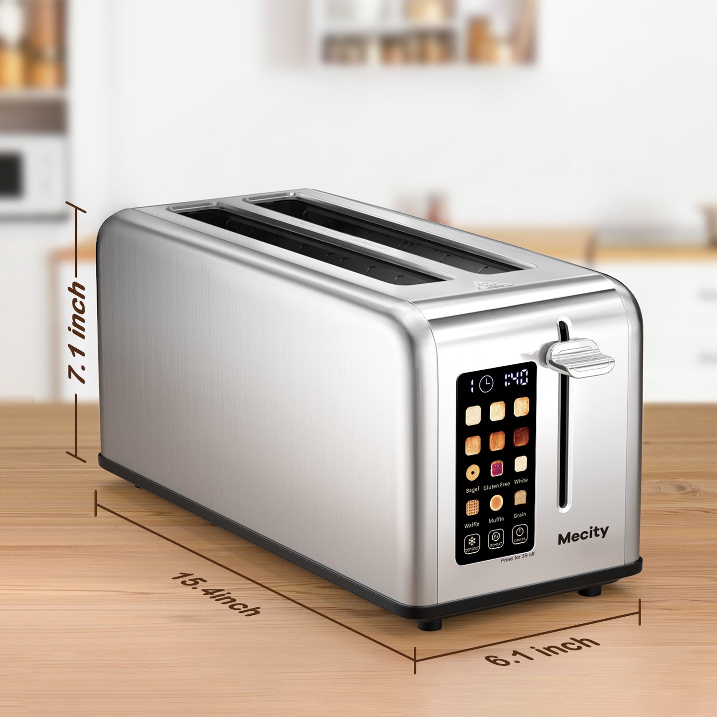 Mecity Touchscreen Toaster 4 Slice with Countdown Timer, Stainless Steel Bread Toaster, 6 Browning & 6 Shade Settings, 2 long Slots Toaster with Reheat, Cancel, Defrost Functions, Removable Tray