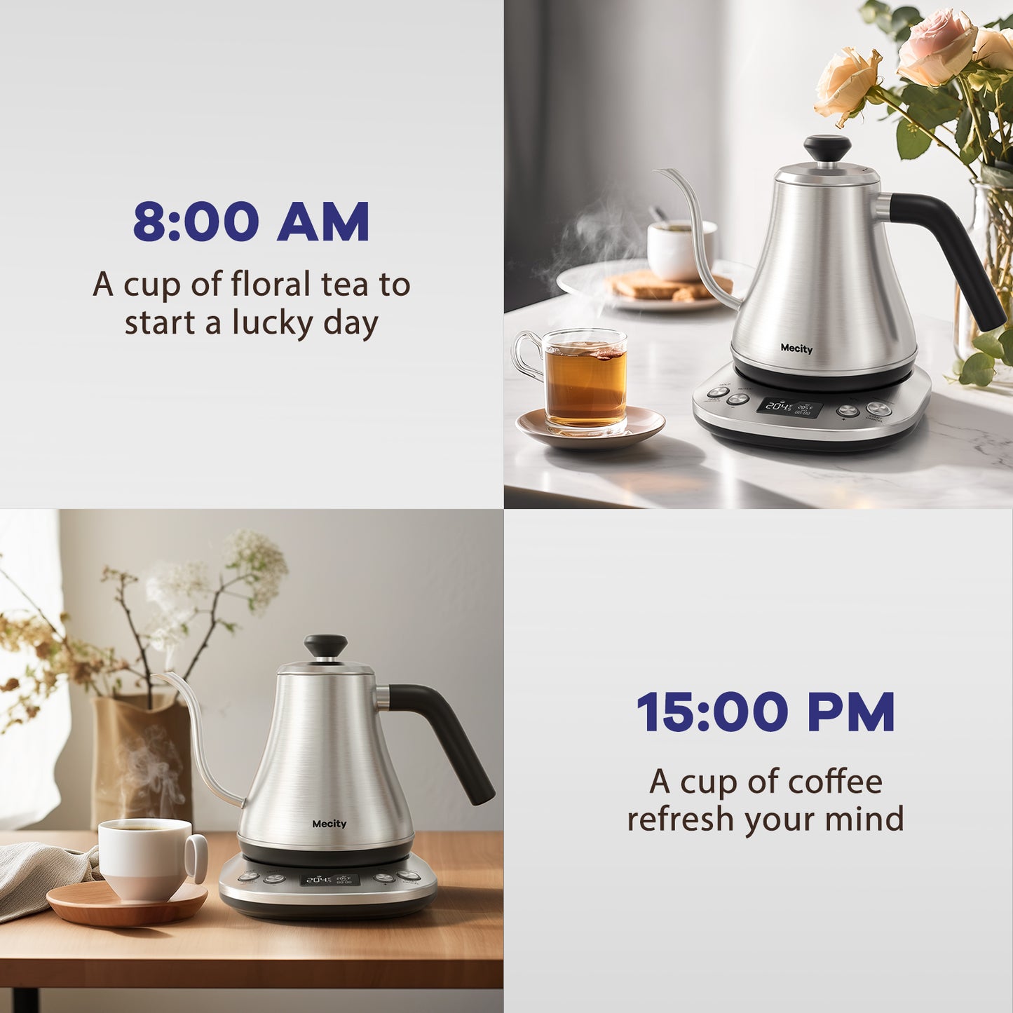 Mecity Electric Gooseneck Kettle: LCD Display, Auto Shut-Off, Temperature Control, Quick Heating Tea Pot - 0.8L, 1200W, Silver
