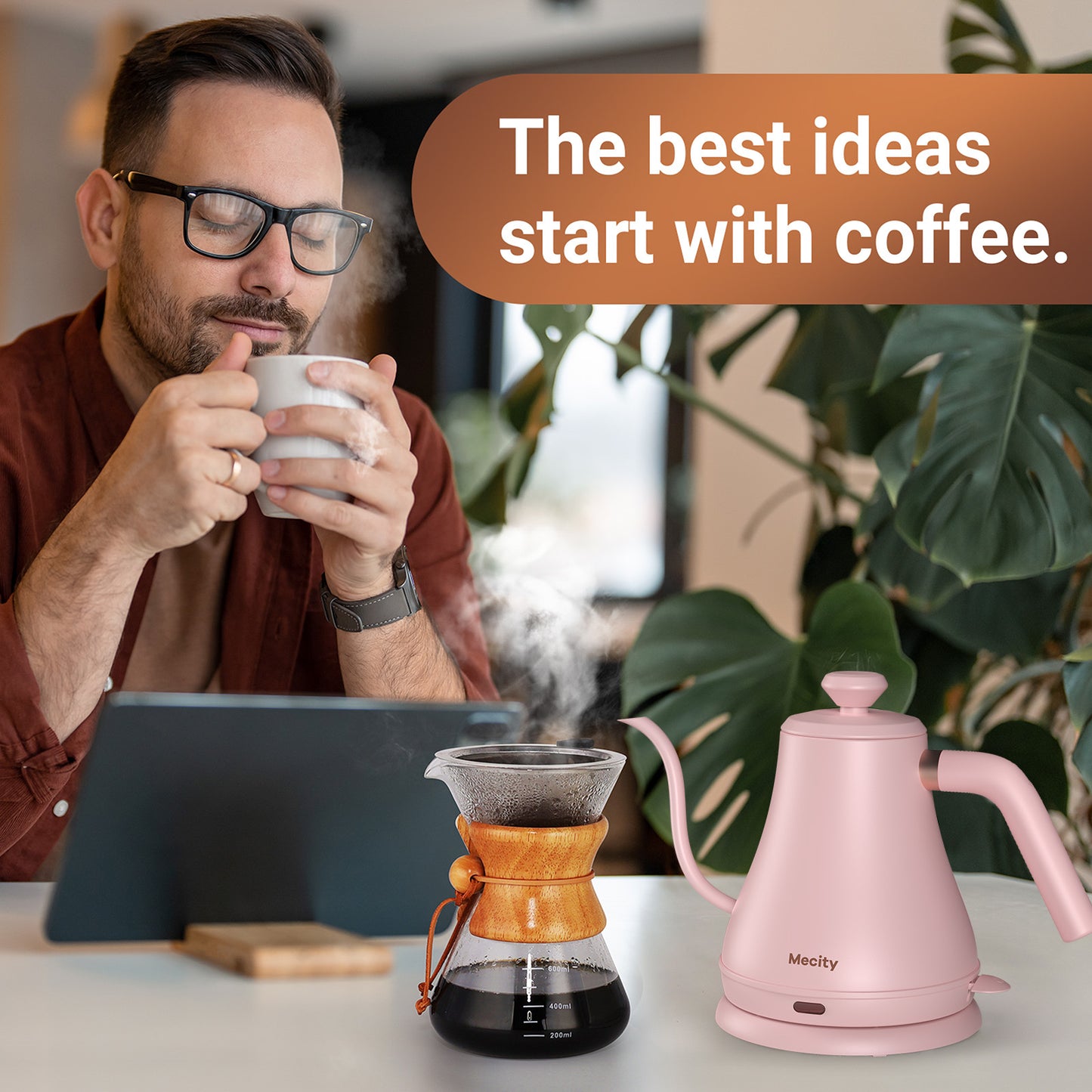 Mecity Electric Kettle Gooseneck Water Kettle Stainless Steel Coffee & Tea Kettle Water Boiler Fast Heating, Auto Shut Off, 0.8 L, 1000W, Pink