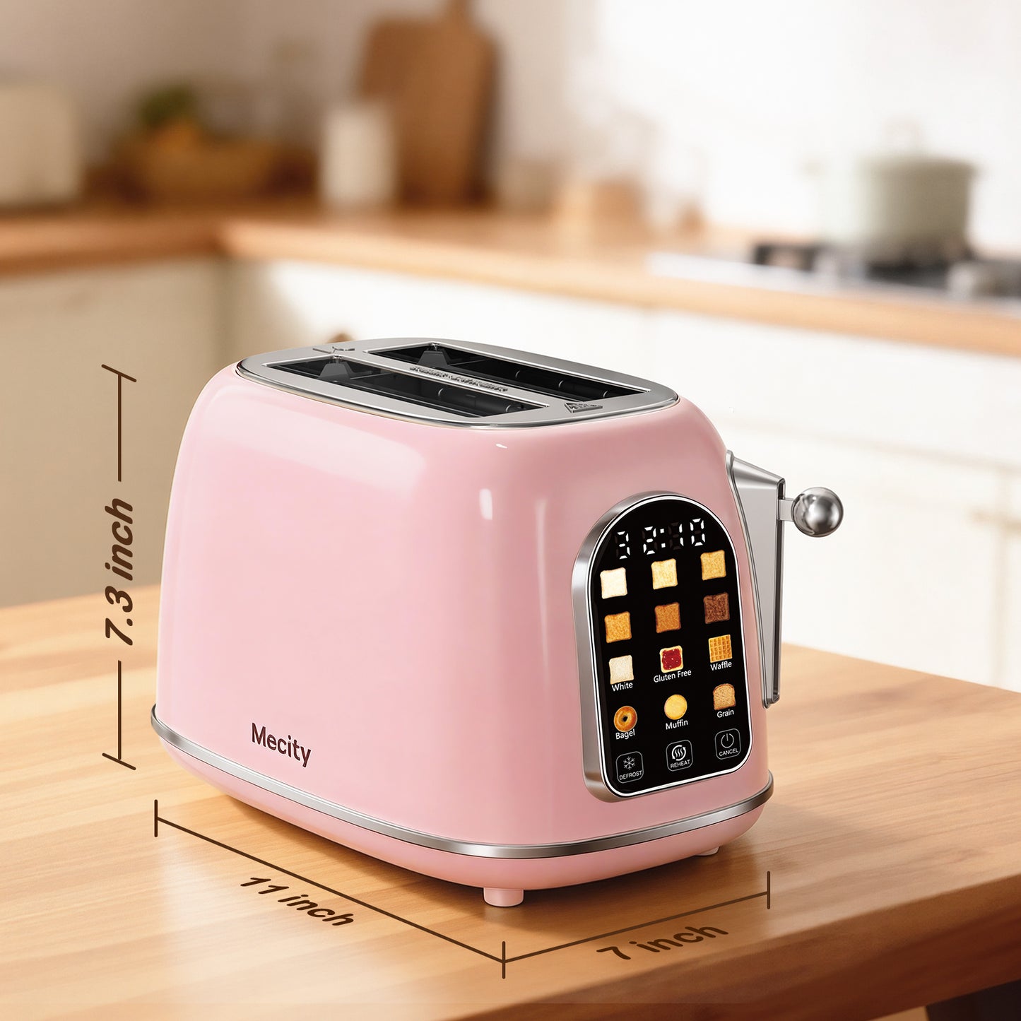 Mecity Smart Touch Screen Toaster 2 Slice, Retro Wide Slot Stainless Steel Toaster with 6 Browning Levels, Reheat & Defrost, for Bagel, Toast, Bread, Removable Crumb Tray, Pink
