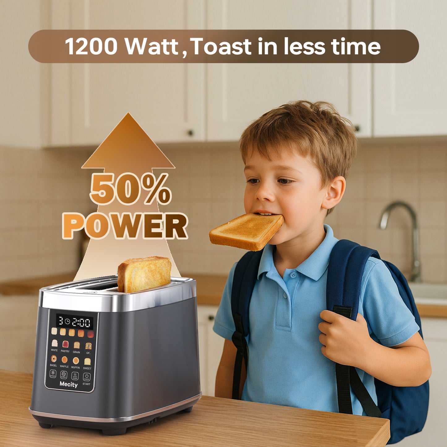 Mecity Touch Screen Toaster with Automatic Lift & Keep Warm – 2 Slice Smart Toaster, 5 Browning Levels, 8 Bread Programs, Luxury Stainless Steel Design, 1200W, Metallic Grey