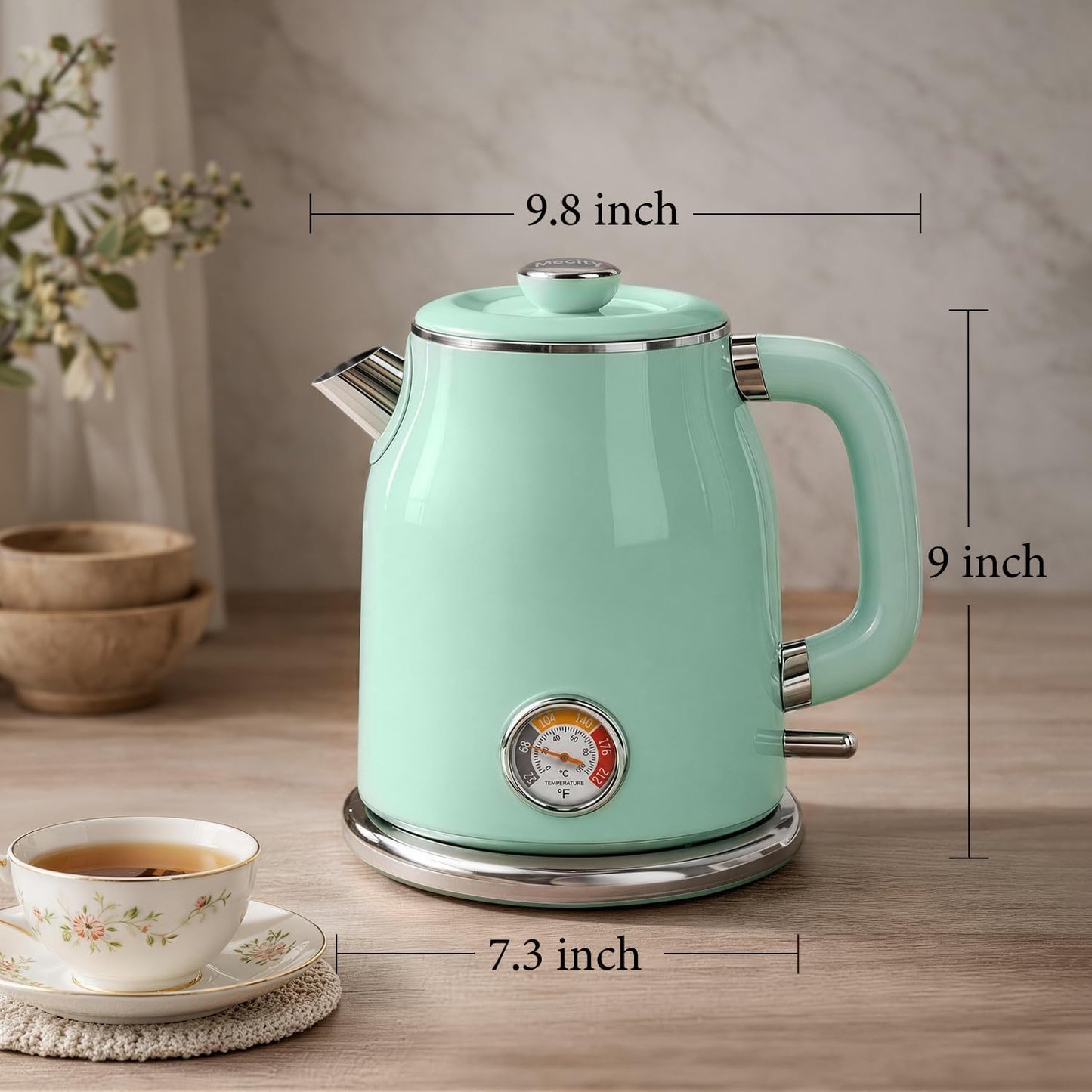 Mecity Retro Electric Kettle, 1.7L Hot Water Boiler with Thermometer, Stainless Steel Interior, 1500W Fast Boil Tea Kettle, Double Wall Cool Touch, Wide Mouth, Green