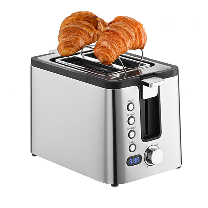 Mecity Toaster 2 Slice Stainless Steel Toaster Countdown Timer, Bagel / Defrost / Reheat / Cancel Functions,Warming Rack, Removable Crumb Tray, 6 Browning Settings, Extra Wide Long Slots, Bread Toaster, 800 Watts