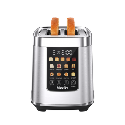 Mecity Touch Screen Toaster with Automatic Lift & Keep Warm – 2 Slice Smart Toaster, 5 Browning Levels, 8 Bread Programs, Luxury Stainless Steel Design, 1200W, Silver