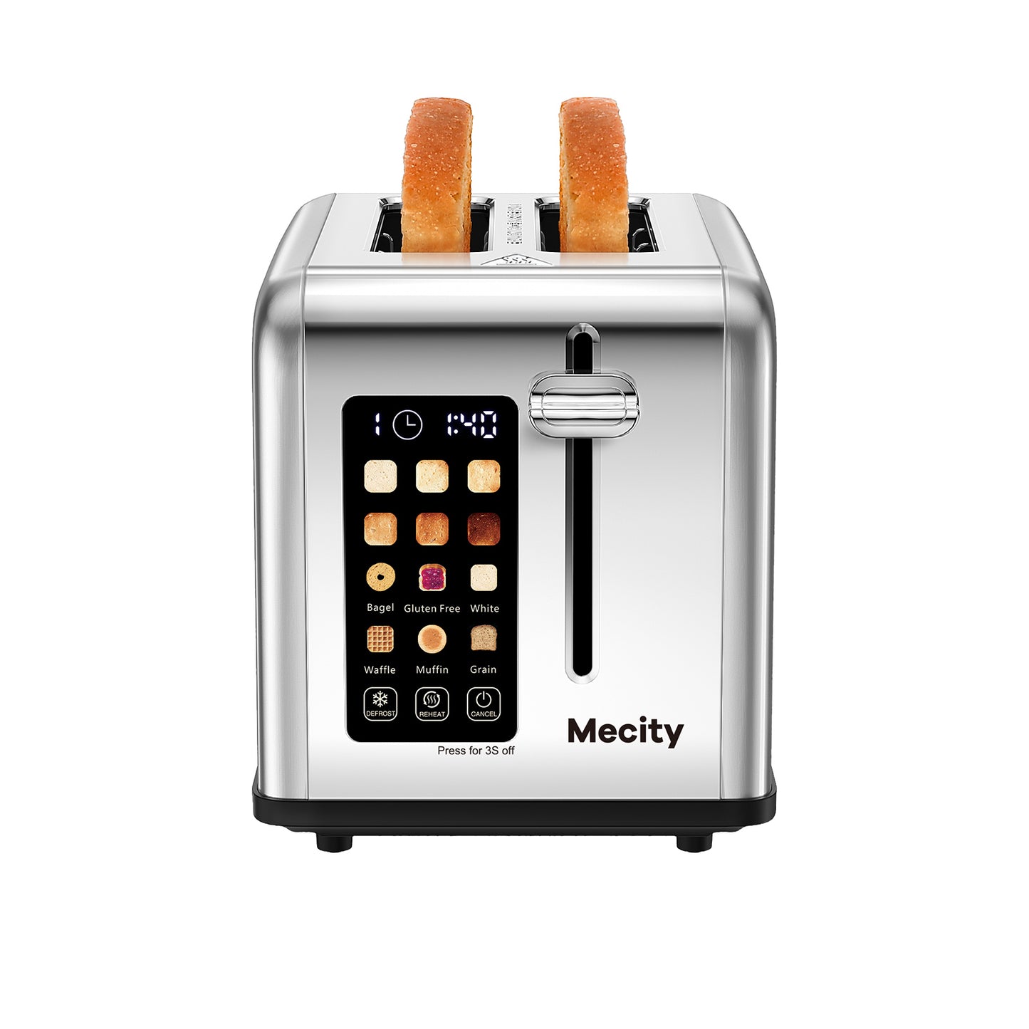 Mecity Touchscreen Toaster 2 Slice with Countdown Timer, Stainless Steel Bread Toaster, 6 Browning & 6 Shade Settings, 2 Wide Slots Toaster with Reheat, Cancel, Defrost Functions, Removable Tray