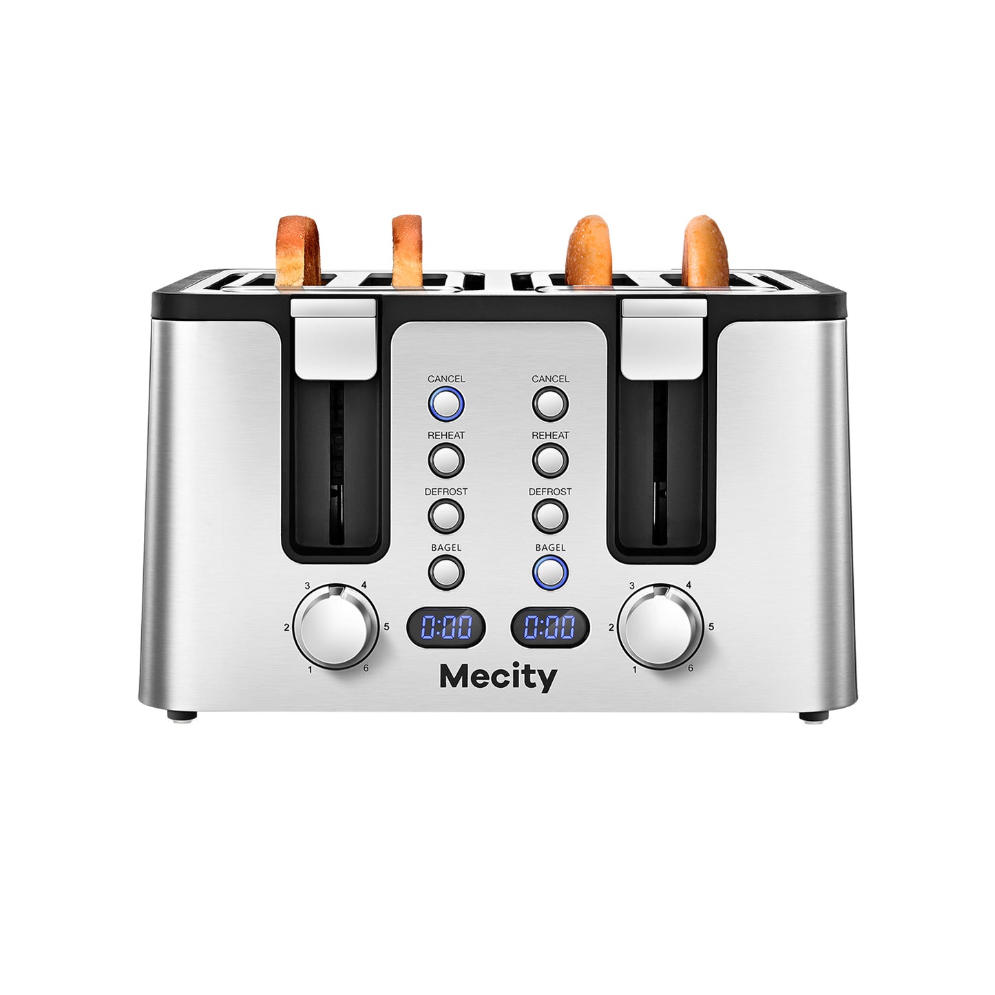 Mecity 4 Slice Toaster, Stainless Steel 4 Slot Toaster With Countdown Timer, Cool to Touch, Bagel / Defrost / Reheat / Cancel Functions,Warming Rack, Removable Crumb Tray, 6 Browning Settings, Extra Wide Slots,Bread Toaster 1500W