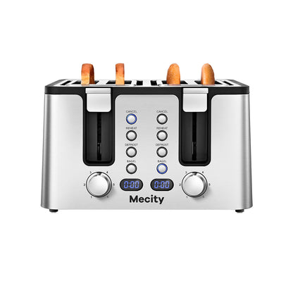 Mecity 4 Slice Toaster, Stainless Steel 4 Slot Toaster With Countdown Timer, Cool to Touch, Bagel / Defrost / Reheat / Cancel Functions,Warming Rack, Removable Crumb Tray, 6 Browning Settings, Extra Wide Slots,Bread Toaster 1500W