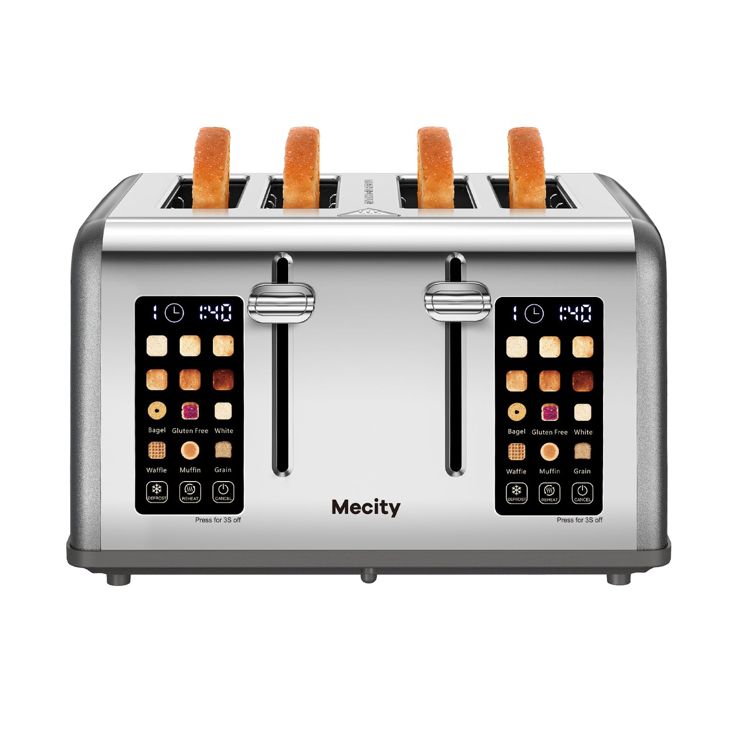 Mecity 4-Slice Touchscreen Toaster, Stainless Steel, Countdown Timer, 6 Browning & Shade Settings, 4 Wide Slots, Reheat/Cancel/Defrost Functions, Removable Crumb Tray, Gray