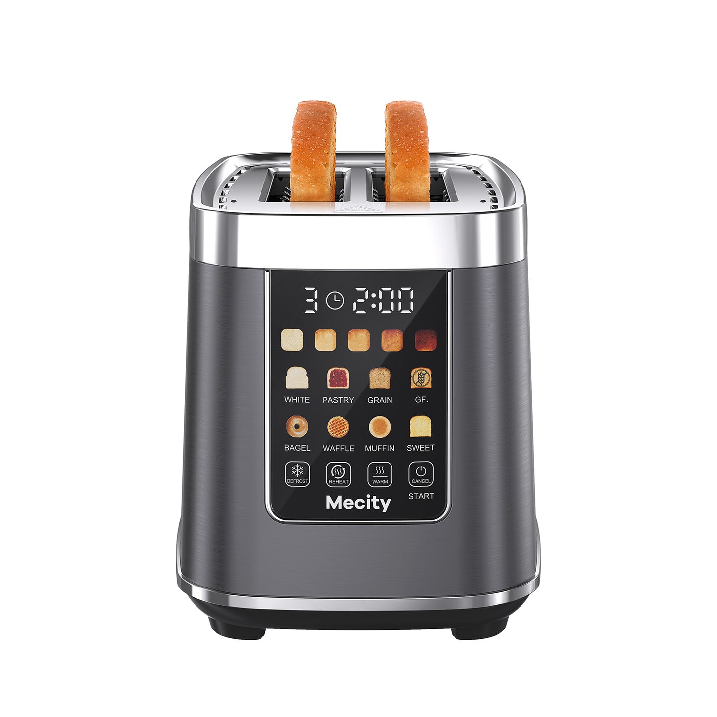 Mecity Touch Screen Toaster with Automatic Lift & Keep Warm – 2 Slice Smart Toaster, 5 Browning Levels, 8 Bread Programs, Luxury Stainless Steel Design, 1200W, Metallic Grey