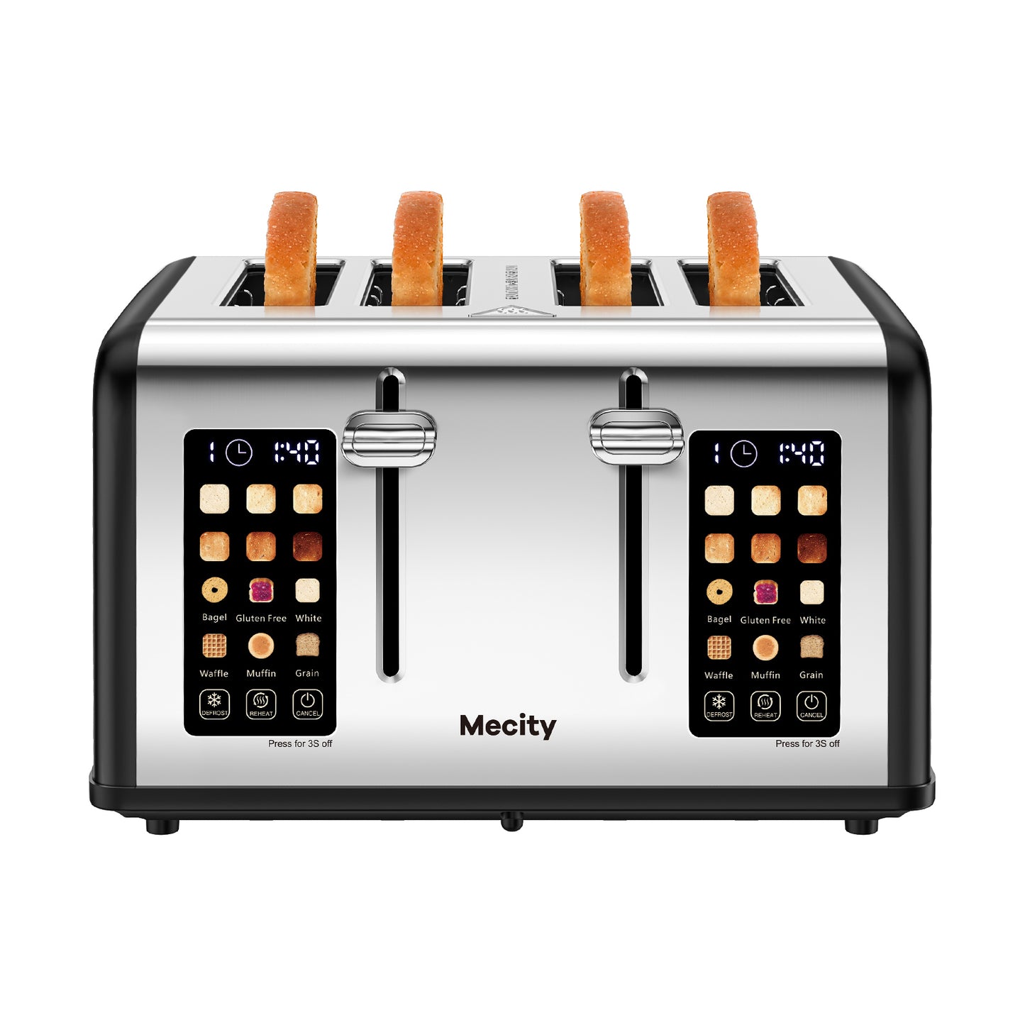 Mecity 4 Slice Toaster with Touch Screen Control, 4 Wide Slots, Stainless Steel Smart Bread Toaster for Bagels, Muffins, Waffles, Dual Control Panel, Timer, Defrost, Reheat, 120V 1650W, Matt Black