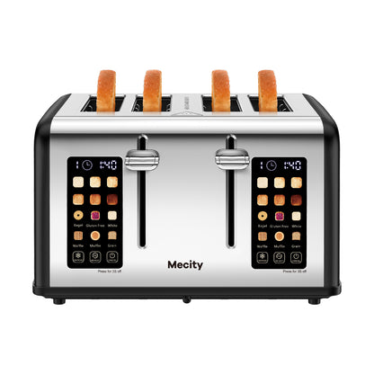 Mecity 4-Slice Touchscreen Toaster, Stainless Steel, Countdown Timer, 6 Browning & Shade Settings, 4 Wide Slots, Reheat/Cancel/Defrost Functions, Removable Crumb Tray, Matte Black