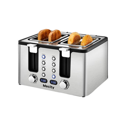 Mecity 4 Slice Toaster, Stainless Steel 4 Slot Toaster With Countdown Timer, Cool to Touch, Bagel / Defrost / Reheat / Cancel Functions,Warming Rack, Removable Crumb Tray, 6 Browning Settings, Extra Wide Slots,Bread Toaster 1500W