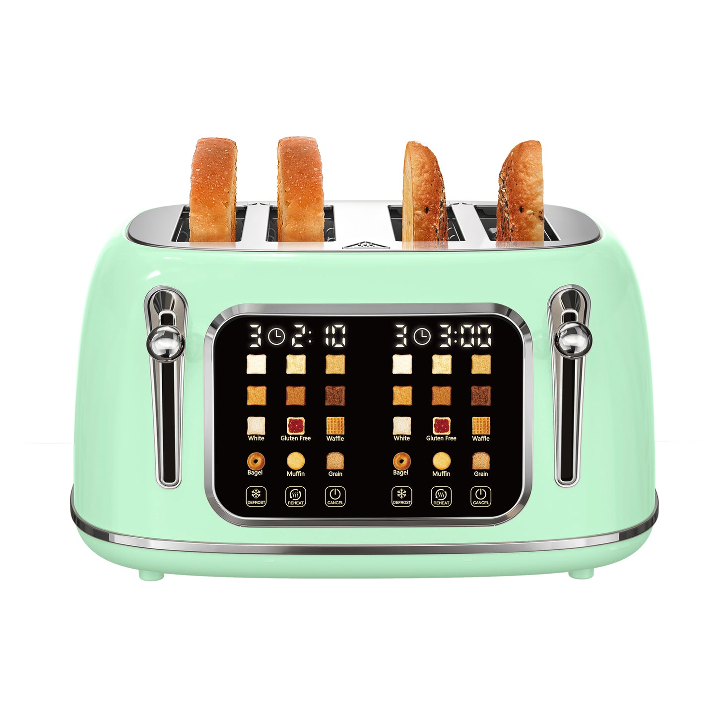 Mecity 4-Slice Touchscreen Toaster, Retro Stainless Steel Wide Slots Toaster, 6 Browning Settings, Large Digital Display, 120V 1650W, Light Green
