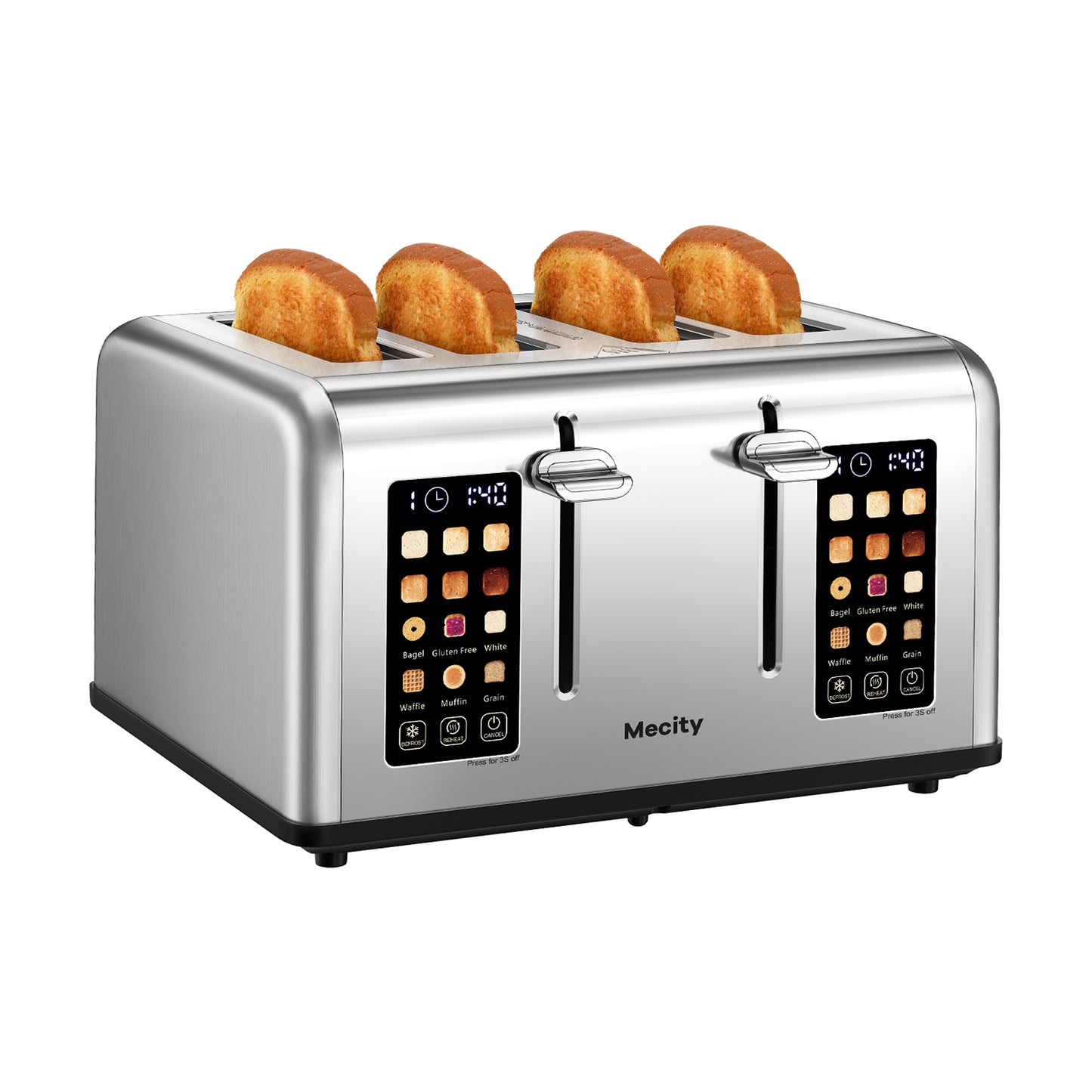 Mecity Touchscreen 4-Slice Toaster with Countdown Timer, Stainless Steel Bread Toaster, 6 Browning & 6 Shade Settings, 4 Wide Slots with Reheat, Cancel, and Defrost Functions, Removable Tray