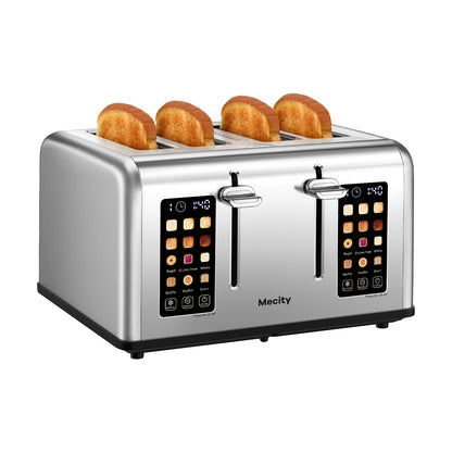 Mecity Touchscreen 4-Slice Toaster with Countdown Timer, Stainless Steel Bread Toaster, 6 Browning & 6 Shade Settings, 4 Wide Slots with Reheat, Cancel, and Defrost Functions, Removable Tray