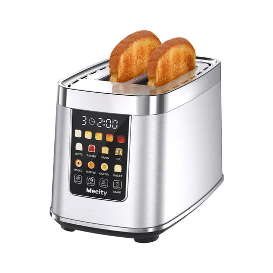 Mecity Touch Screen Toaster with Automatic Lift & Keep Warm – 2 Slice Smart Toaster, 5 Browning Levels, 8 Bread Programs, Luxury Stainless Steel Design, 1200W, Silver