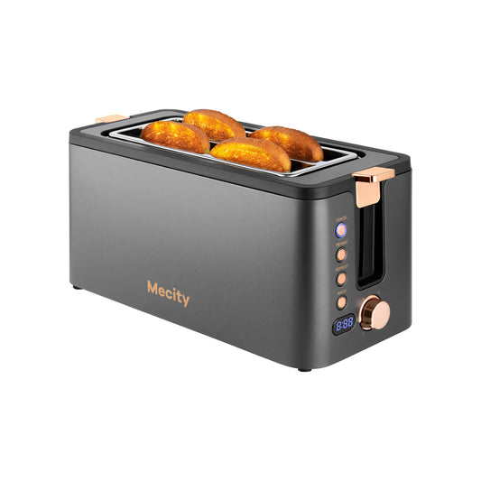 Mecity 4 Slice Toaster, Long Slot Toaster With Countdown Timer, Bagel / Defrost / Reheat / Cancel Functions,Warming Rack, removable Crumb Tray, 6 Browning Settings, Extra Wide Long Slots, Stainless Steel Bread Toaster, 1300 Watts， Grey & Golden