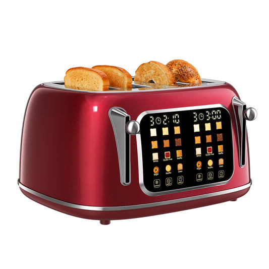 Mecity 4-Slice Touchscreen Toaster, Retro Stainless Steel Wide Slots Toaster, 6 Browning Settings, Large Digital Display, 120V 1650W, Red