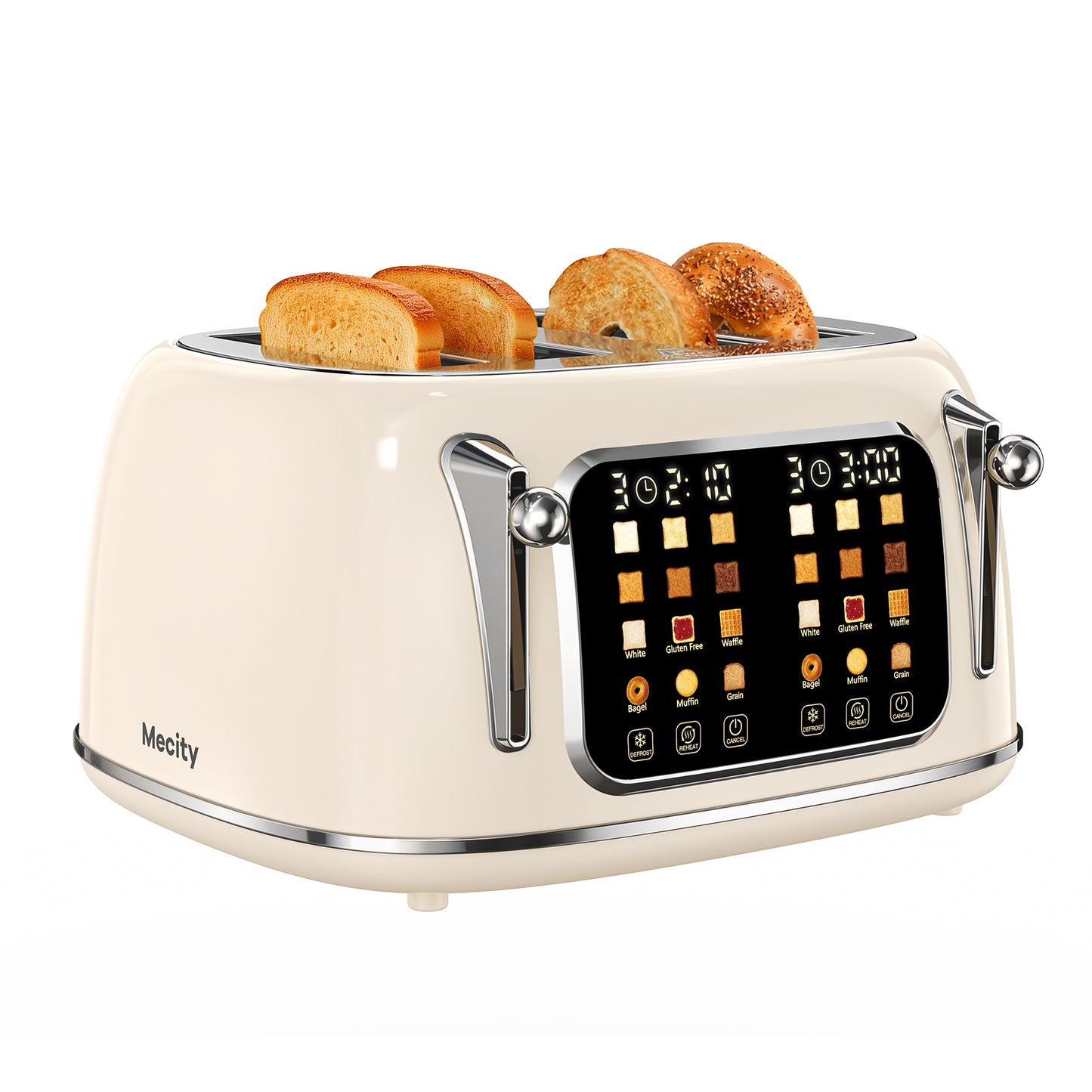 Mecity 4-Slice Touchscreen Toaster, Retro Stainless Steel Wide Slots Toaster, 6 Browning Settings, Large Digital Display, 120V 1650W, Cream Color