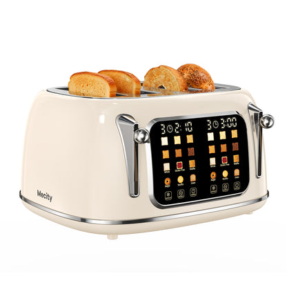Mecity 4-Slice Touchscreen Toaster, Retro Stainless Steel Wide Slots Toaster, 6 Browning Settings, Large Digital Display, 120V 1650W, Cream Color