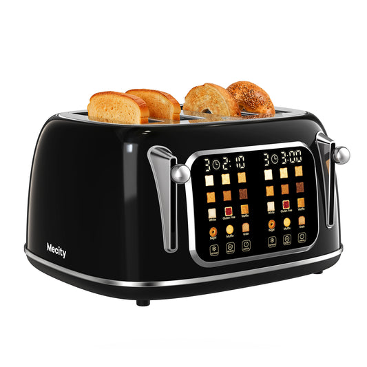Mecity 4-Slice Touchscreen Toaster, Retro Stainless Steel Wide Slots Toaster, 6 Browning Settings, Large Digital Display, 120V 1650W, Black