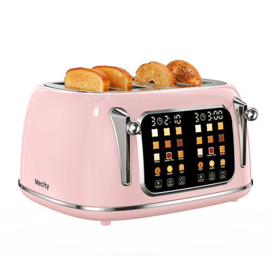 Mecity 4-Slice Touchscreen Toaster, Retro Stainless Steel Wide Slots Toaster, 6 Browning Settings, Large Digital Display, 120V 1650W, Pink