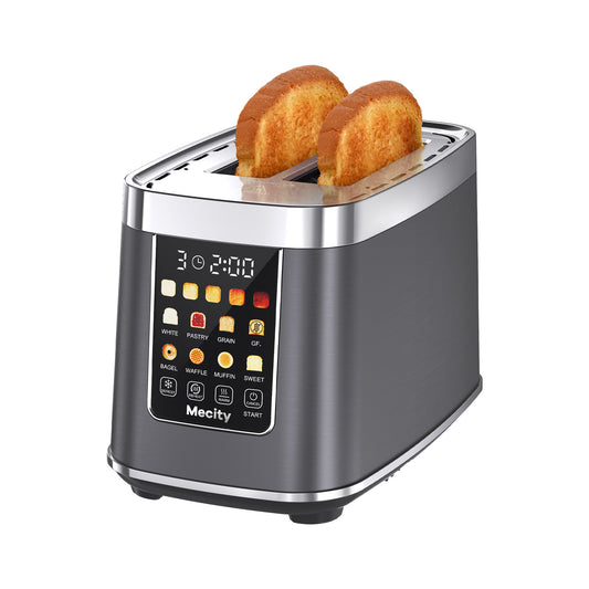 Mecity Touch Screen Toaster with Automatic Lift & Keep Warm – 2 Slice Smart Toaster, 5 Browning Levels, 8 Bread Programs, Luxury Stainless Steel Design, 1200W, Metallic Grey