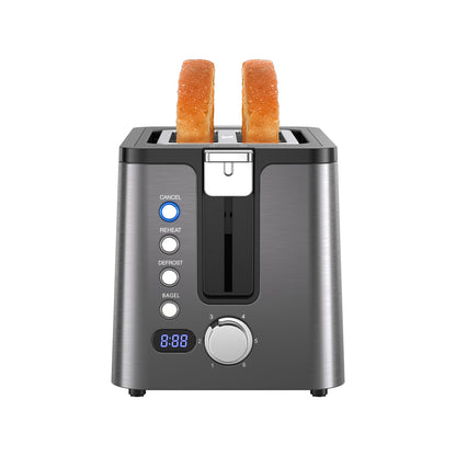 Mecity 2 Slice Stainless Steel Toaster with Countdown Timer, Bagel/Defrost/Reheat/Cancel, Warming Rack, Extra Wide Slots, 6 Browning Settings, Metallic Grey