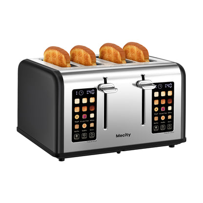 Mecity 4 Slice Toaster with Touch Screen Control, 4 Wide Slots, Stainless Steel Smart Bread Toaster for Bagels, Muffins, Waffles, Dual Control Panel, Timer, Defrost, Reheat, 120V 1650W, Matt Black