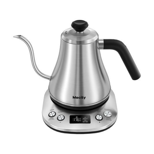 Mecity Electric Gooseneck Kettle: LCD Display, Auto Shut-Off, Temperature Control, Quick Heating Tea Pot - 0.8L, 1200W, Silver