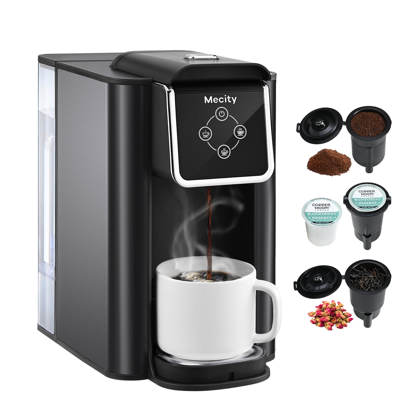 Mecity Coffee Maker 3 in 1 Single Serve Coffee Machine, Compatible with K cup Capsules, Instant Coffee Pot, Tea maker, 6,8,10 Oz Cup, Removable 50 Oz Water Reservoir, 120V 1150W,Metallic Grey