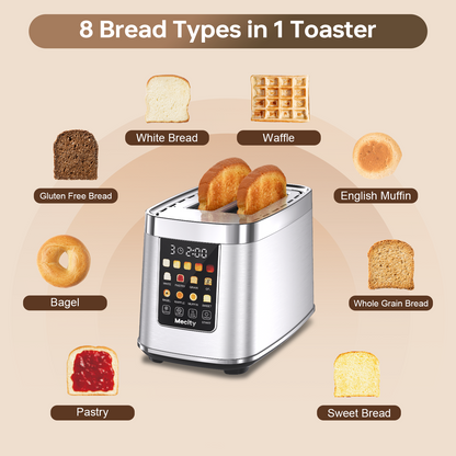 Mecity Touch Screen Toaster with Automatic Lift & Keep Warm – 2 Slice Smart Toaster, 5 Browning Levels, 8 Bread Programs, Luxury Stainless Steel Design, 1200W, Silver