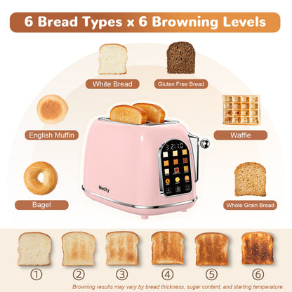 Mecity Smart Touch Screen Toaster 2 Slice, Retro Wide Slot Stainless Steel Toaster with 6 Browning Levels, Reheat & Defrost, for Bagel, Toast, Bread, Removable Crumb Tray, Pink