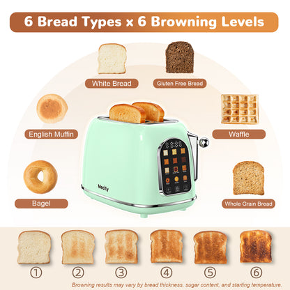 Mecity Smart Touch Screen Toaster 2 Slice, Retro Wide Slot Stainless Steel Toaster with 6 Browning Levels, Reheat & Defrost, for Bagel, Toast, Bread, Removable Crumb Tray, Green