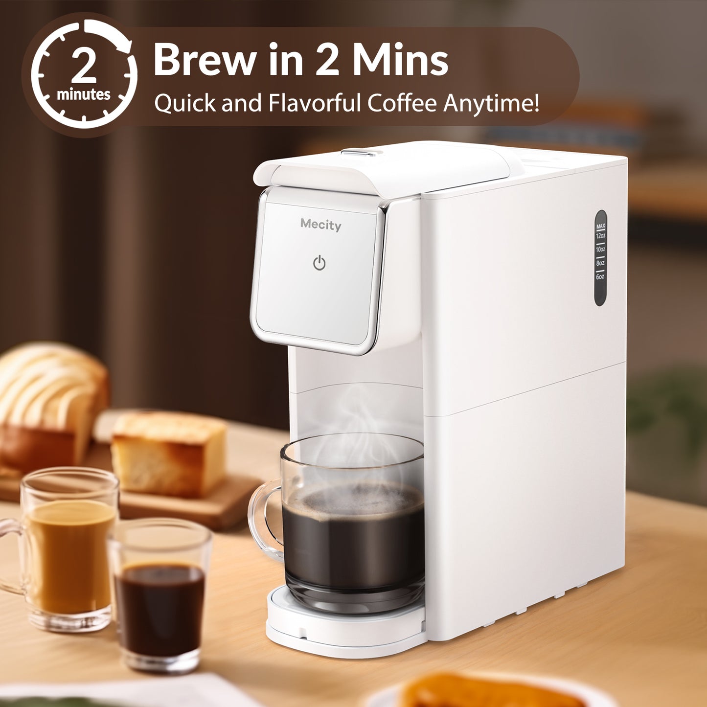 Mecity Mini Coffee Maker - Single Serve, Instant Brewing for K-Cup Coffee Capsules, Ground Coffee & Loose Tea. 6 to 12 Oz Brew Sizes, Capsule Coffee Machine with Water Window and Descaling Mode -White