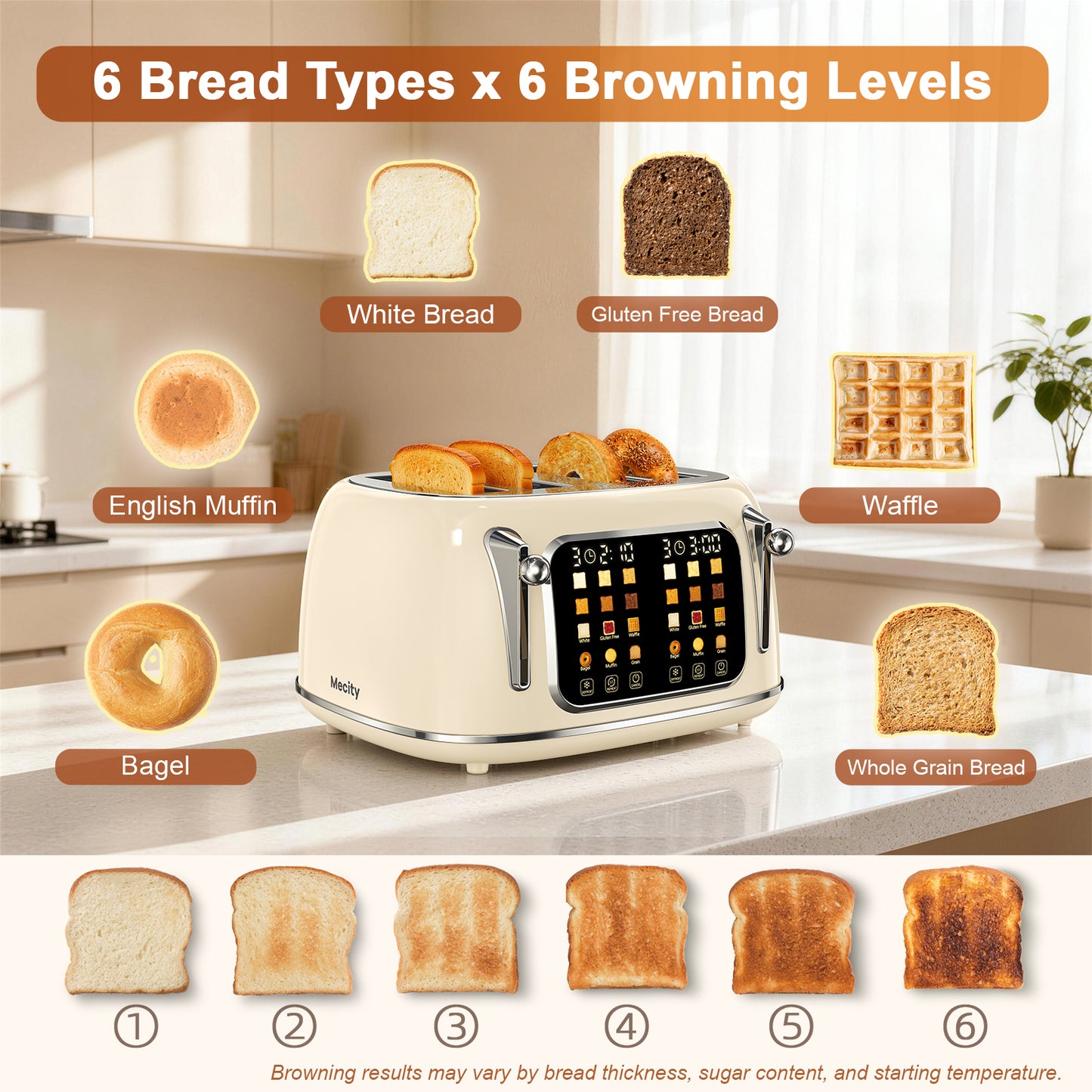 Mecity 4-Slice Touchscreen Toaster, Retro Stainless Steel Wide Slots Toaster, 6 Browning Settings, Large Digital Display, 120V 1650W, Cream Color