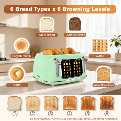 Mecity 4-Slice Touchscreen Toaster, Retro Stainless Steel Wide Slots Toaster, 6 Browning Settings, Large Digital Display, 120V 1650W, Light Green