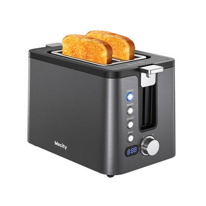 Mecity 2 Slice Stainless Steel Toaster with Countdown Timer, Bagel/Defrost/Reheat/Cancel, Warming Rack, Extra Wide Slots, 6 Browning Settings, Metallic Grey