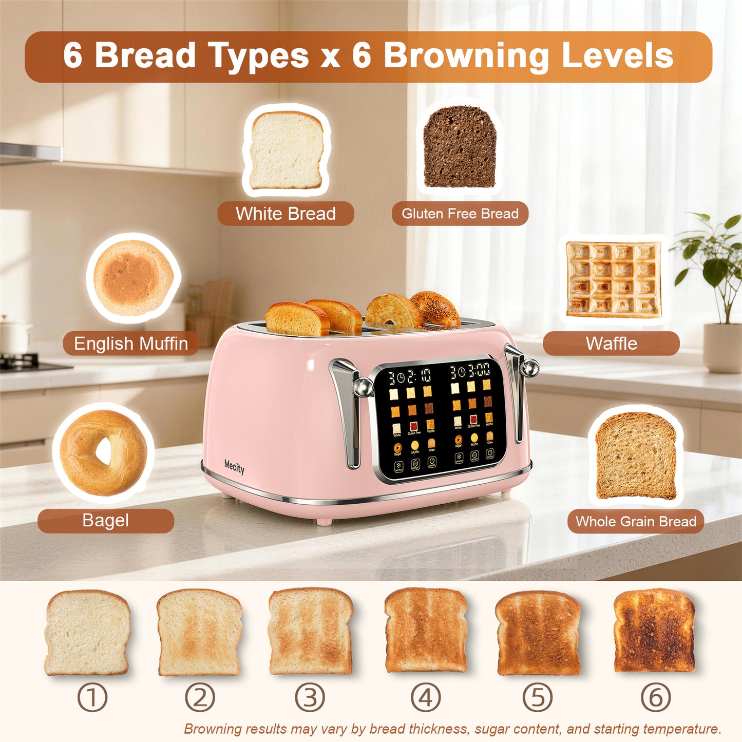 Mecity 4-Slice Touchscreen Toaster, Retro Stainless Steel Wide Slots Toaster, 6 Browning Settings, Large Digital Display, 120V 1650W, Pink