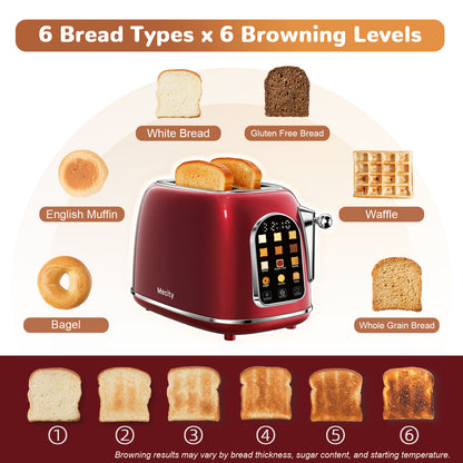 Mecity Toaster 2 Slice, Touch Screen Wide Slot Retro Toaster For Breads Bagel Muffin Waffle, House Warming Gift New Home, 120V 825W, Red