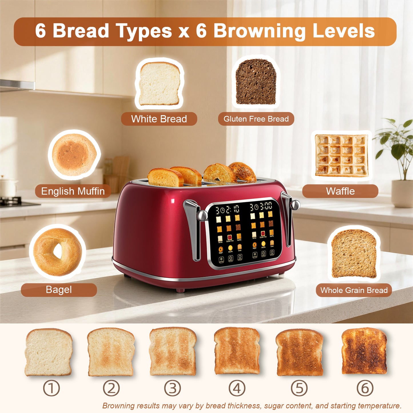 Mecity 4-Slice Touchscreen Toaster, Retro Stainless Steel Wide Slots Toaster, 6 Browning Settings, Large Digital Display, 120V 1650W, Red