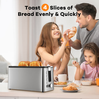 Mecity 4 Slice Toaster, Long Slot Toaster With Countdown Timer, Bagel / Defrost / Reheat / Cancel Functions,Warming Rack, removable Crumb Tray, 6 Browning Settings, Extra Wide Long Slots, Stainless Steel Bread Toaster, 1300 Watts