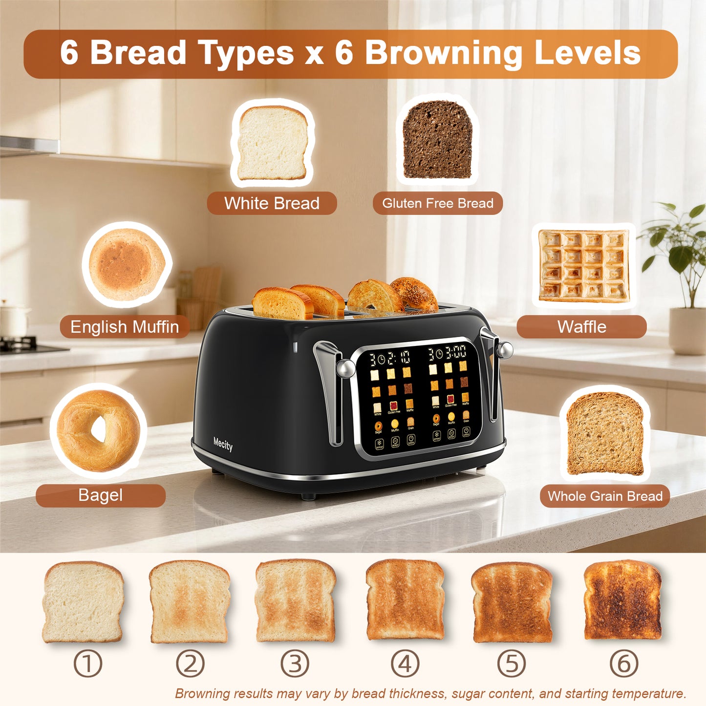 Mecity 4-Slice Touchscreen Toaster, Retro Stainless Steel Wide Slots Toaster, 6 Browning Settings, Large Digital Display, 120V 1650W, Black