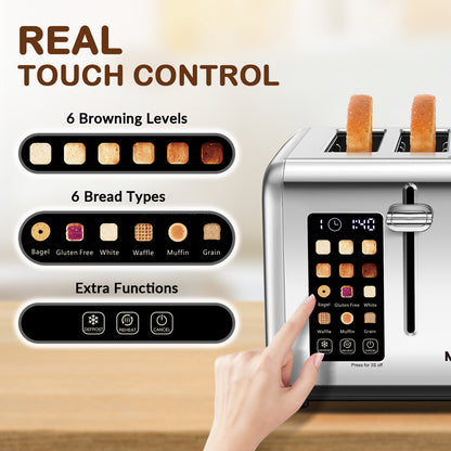 Mecity Touchscreen 4-Slice Toaster with Countdown Timer, Stainless Steel Bread Toaster, 6 Browning & 6 Shade Settings, 4 Wide Slots with Reheat, Cancel, and Defrost Functions, Removable Tray