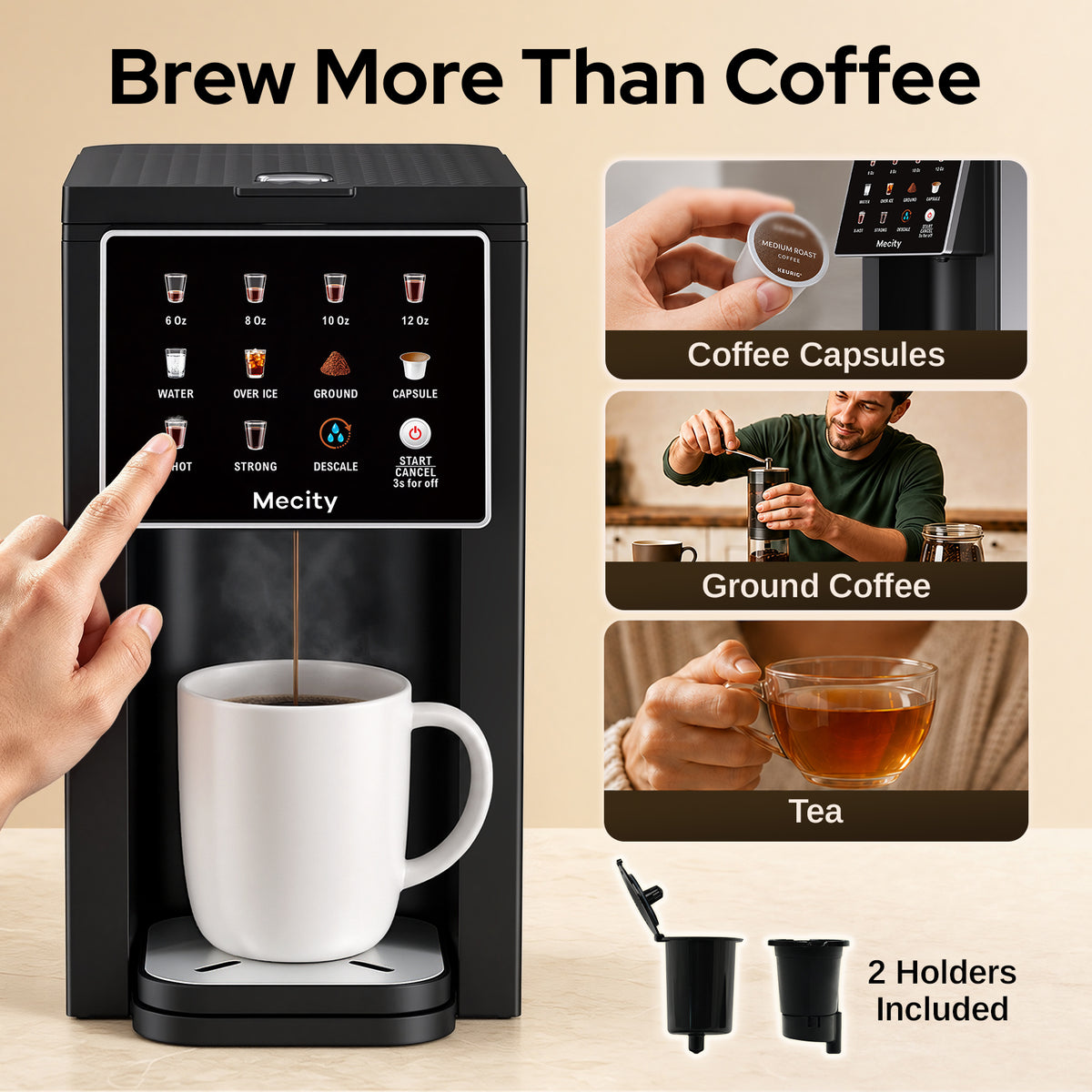 Mecity Single Serve Touch Screen Coffee Maker, Compatible with K-Cup Pods & Ground Coffee, Hot & Iced Coffee Machine with Strong Brew, 6-12 Oz Brew Sizes, 50 Oz Removable Water Reservoir
