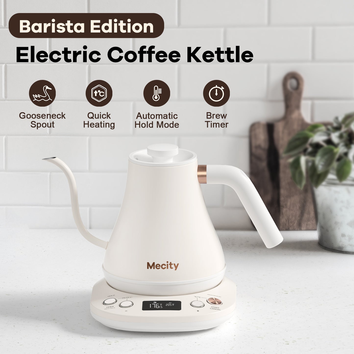 Mecity Electric Gooseneck Kettle With Keep Warm Function & LCD Display Automatic Shut Off Coffee Kettle Temperature Control Pour Over Kettle 1200 Watt, 0.8L, 120V, Milk White